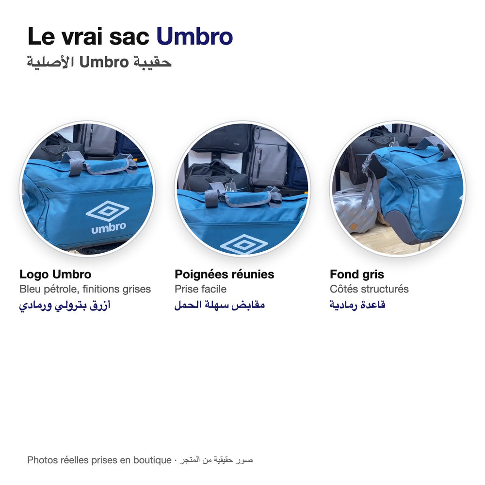 Logo Umbro, poignées, fond gris, photos réelles