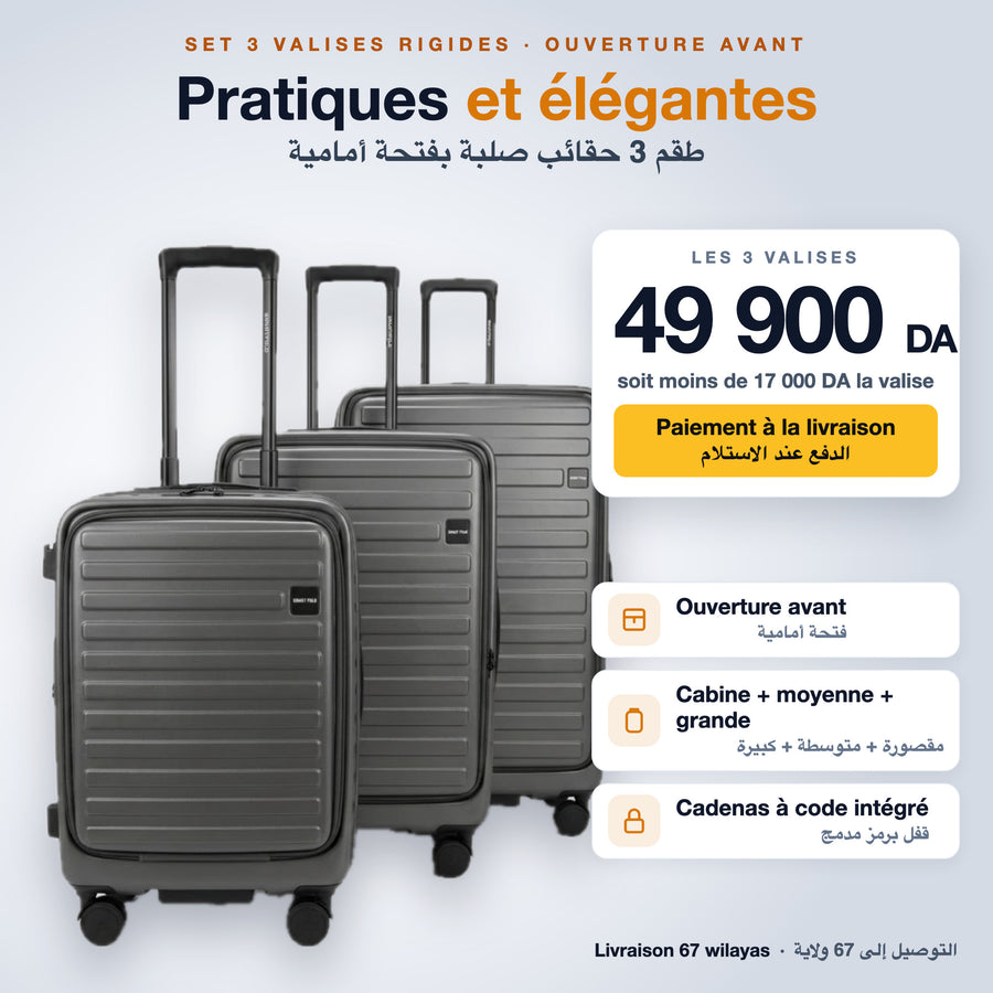 Set de 3 valises rigides à ouverture avant gris anthracite, 49 900 DA les 3