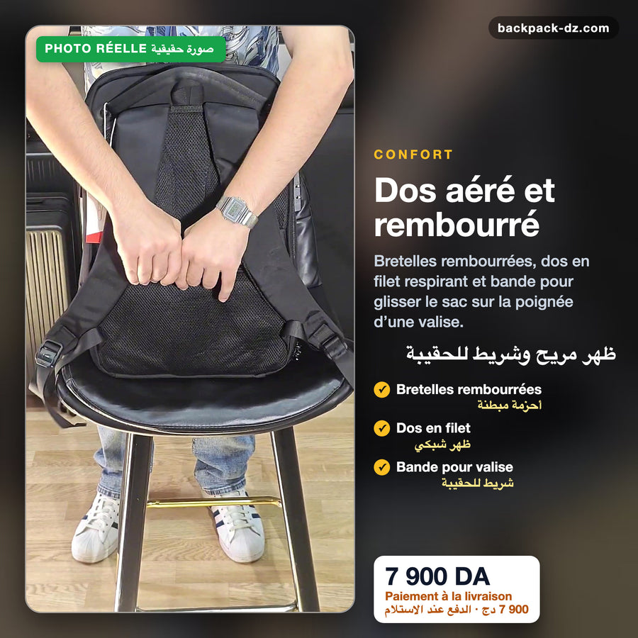 Dos aéré, bretelles rembourrées et bande pour valise